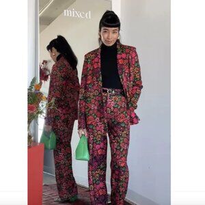 Mixed by Nasrin Black Colorful Floral Hazey Daisey Print Pant Blazer Suit Set S
